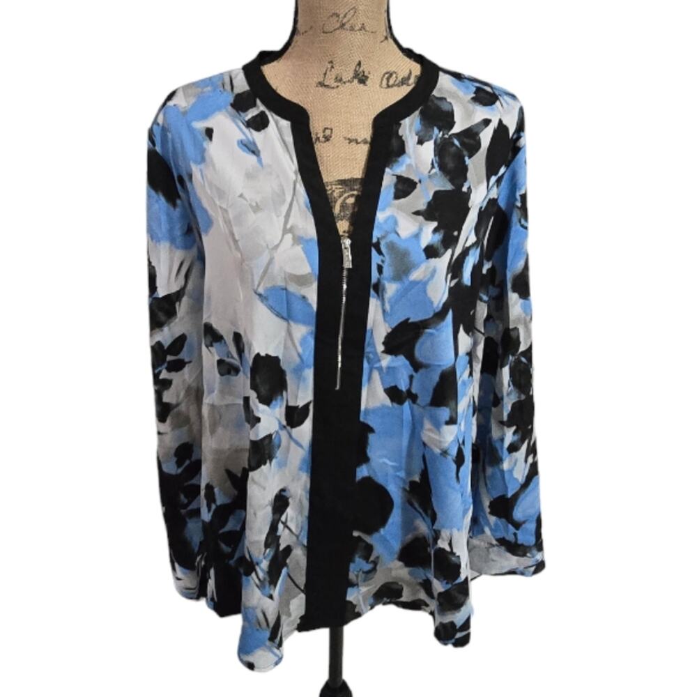 Calvin Klein Black Blue and White Floral Tab Sleeve Zip Front Shirt Size 1X